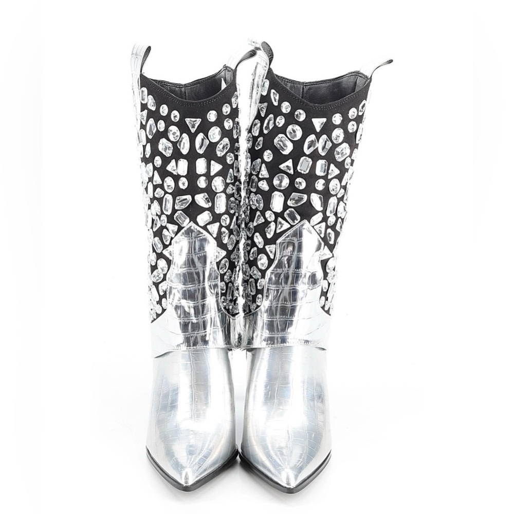Lauren Lorraine Silver Crystal Rhinestone Western Stiletto Boots Black Suede - Picture 9 of 11